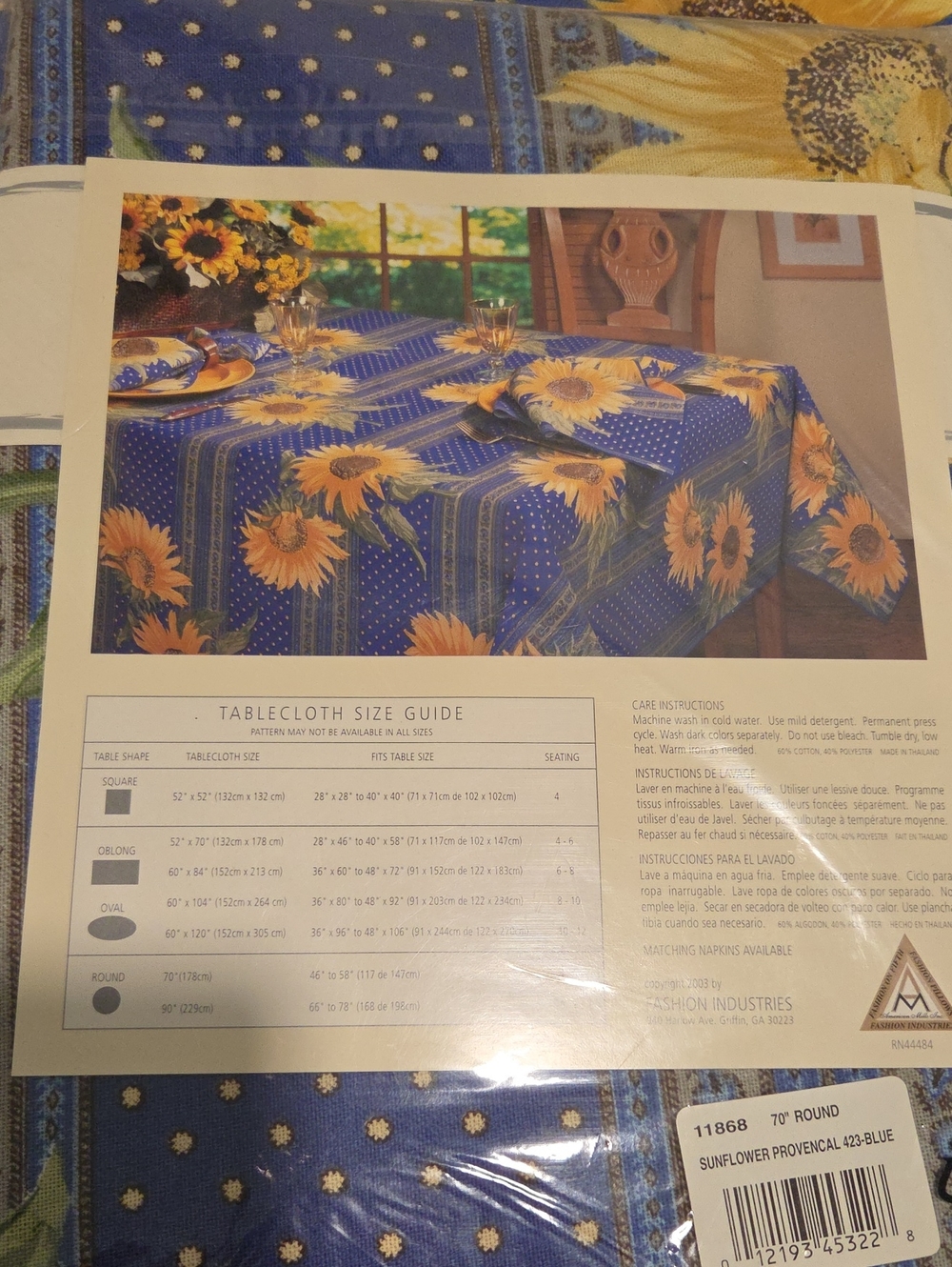NWT Sunflower Blue Table Linens Set (8) Setting Round Tablecloth 70" - Picture 9 of 9
